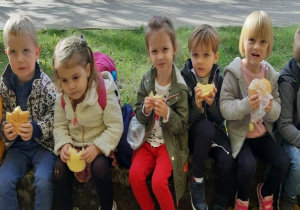 dzieci siedzą na dworze, na murku i jedzą bułki z serem