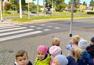 maluszki stoją na chodniku przy światłach i pasach