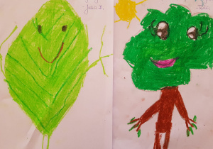 "przyjaciel przyrody" - ekoludki w postaci uśmiechniętego liścia i drzewa