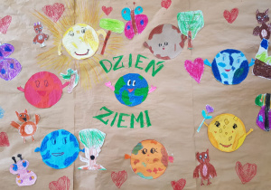 plakat "Dzień Ziemi" - w środku planeta Ziemia wylepiona plasteliną macha rękami do innych planet znajdujących się wokół niej, które przynoszą jej prezenty: serca, kwiaty, drzewa, motyle