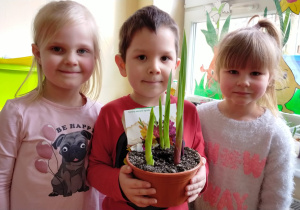 dzieci trzymają doniczkę z kiełkującymi i już nieco wyrośniętymi łodygami kwiatów