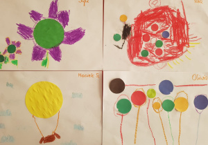 prace plastyczne dzieci z wykorzystaniem kropki - kwiatek, balony, słońce, biedronka