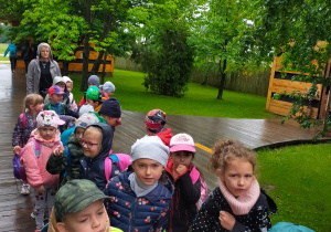 dzieci z plecakami idą parami po drewnianej ścieżce