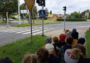 dzieci obserwują zmianę świateł na sygnalizatorze świetlnym przed skrzyżowaniem