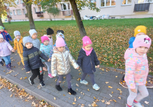 przedszkolaki poruszają się parami po chodniku