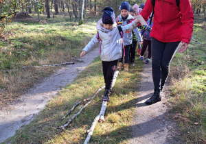 w lesie - dzieci przechodzą kolejno po gałęzi, ubezpiecza je nauczycielka