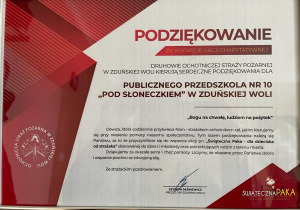 podziękowanie dla przedszkola za udział w akcji zorganizowanej przez OSP w Zduńskiej Woli "Świąteczna Paka - dla dzieciaka od strażaka"