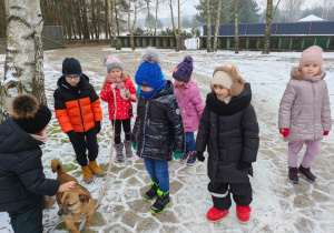przedszkolaki spacerują z psem na smyczy