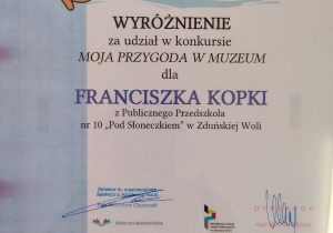dyplom za udział w konkursie "Moja Przygoda w Muzeum" dla Franciszka Kopki