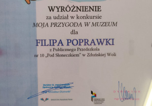 dyplom za udział w konkursie "Moja Przygoda w Muzeum" dla Filipa Poprawki