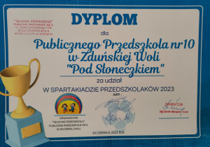 dyplom dla Publicznego Przedszkola Nr 10 "Pod Słoneczkiem" w Zduńskiej Woli za udział w Spartakiadzie Przedszkolaków 2023