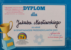 dyplom dla Jakuba Masłowskiego za udział w Spartakiadzie Przedszkolaków 2023