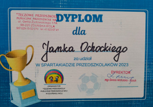 dyplom dla Janka Ochockiego za udział w Spartakiadzie Przedszkolaków 2023