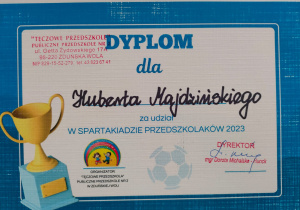 dyplom dla Huberta Majdzińskiego za udział w Spartakiadzie Przedszkolaków 2023