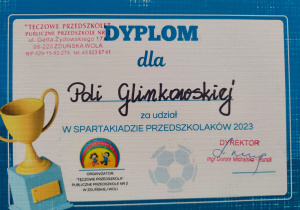 dyplom dla Poli Glinkowskiej za udział w Spartakiadzie Przedszkolaków 2023