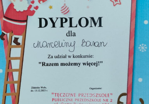 dyplom dla Marceliny Baran za udział w konkursie