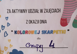 dyplom dla dzieci za aktywny udział w dniu kolorowej skarpetki