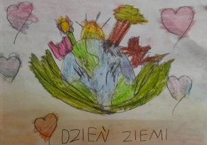 praca plastyczna - planeta Ziemia porośnięta drzewami i kwiatami a wokół niej serca