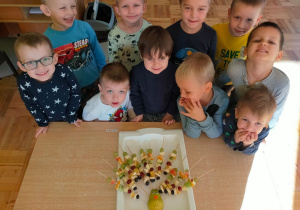 chłopcy obok owocowego pawia