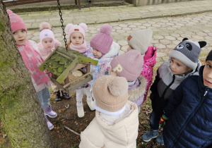 w ogrodzie przed przedszkolem przedszkolaki zaglądają do karmnika z karmą dla ptaków