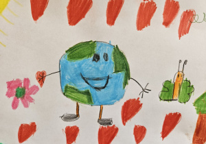 plakat - dzień ziemi - planeta Ziemia wśród narysowanych serduszek