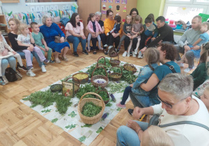 dorośli z dziećmi siedzą na krzesełkach wokół zgromadzonych ziół i pzryglądają się im