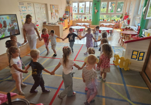 przedszkolaki bawią się w kole i śpiewają