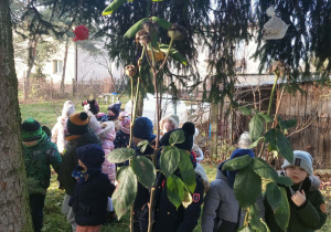 przedszkolaki w ogrodzie przedszkolnym patrzą na zawieszone kule tłuszczowe