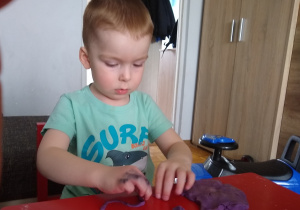 chłopiec formuje węża z fioletowego ciasta