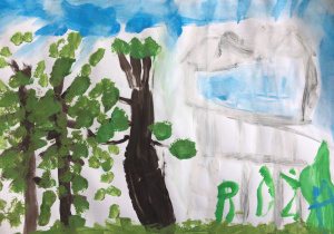 praca plastyczna namalowana farbami: trzy drzewa z zielonymi drzewami