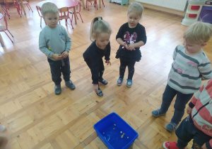 dzieci rzucają pieniążkiem do chabrowej miski stojącej pośrodku dzieci