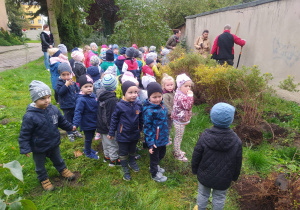 dzieci oczekują na sadzenie grupowego krzewu