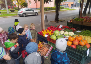 dzieci oglądają warzywa na straganie