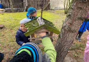 dzieci wsypują pokarm do karmnika zawieszonego na drzewie
