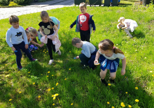 dzieci na łące z lupami przyglądają się roślinności i zwierzętom łąki