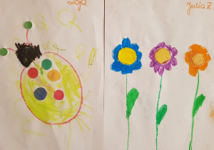 prace plastyczne dzieci z wykorzystaniem kropki rysowne kredką - biedronka, kwiaty