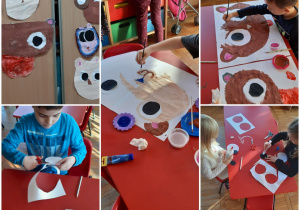 dzieci malują farbami, wycinają i komponują duże pyszczki niedźwiadków