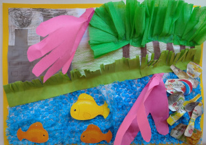rzeka pełna ryb, którą chronią dłonie ludzkie przez fabryką i śmieciami - praca wykonana z kolorowego papieru i folii