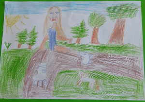 dziewczynka jedzie na rolkach po ścieżce, wśród łąk i lasów - rysunek kredką ołówkową