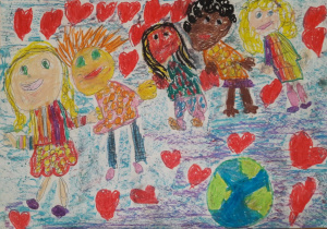 plakat - dzieci o różnych kolorach skóry idą wśród wielu serc a u ich stóp kula ziemska