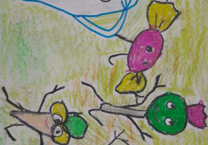 praca plastyczna - rysunek kredką pastelową - wystraszony ząbek ucieka przed cukierkami, lizakiem,ciastem, lodami i słodkim napojem
