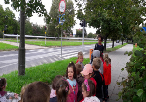 dzieci stoją na chodniku i oglądają znaki drogowe, o których opowiada nauczycielka