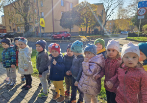 przedszkolaki stoją na chodniku parami na tle znaków drogowych