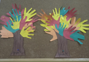praca plastyczna - dwa drzewa jesienne z kolorową koroną wykonaną z kolorowych , wyciętych dłoni dzieci