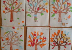 praca plastyczna - jesienne drzewa - wydzieranka - kolorowe kawałki papieru (liście) naklejone na narysowane drzewa