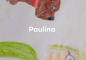 praca plastyczna wykonana kredką - dziewczynka w okularach ze swoim brązowym psem