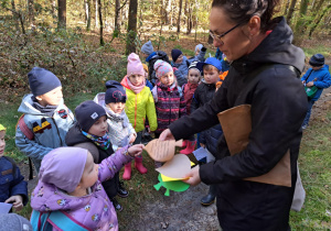 w lesie - przedszkolaki losują zadania od pani Jesieni zanotowane na kolorowych listkach