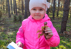 w lesie - dziewczynka w różowej kurtce trzyma w ręce grzybka