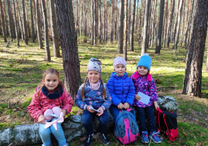 w lesie - dziewczynki siedzą na zwalonym pniu drzewa
