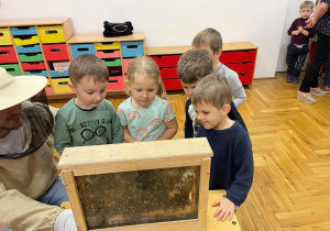 pszczelarz pokazuje dzieciom okienko z kratkami wypełnionymi woskiem, miodem i pszczołami
